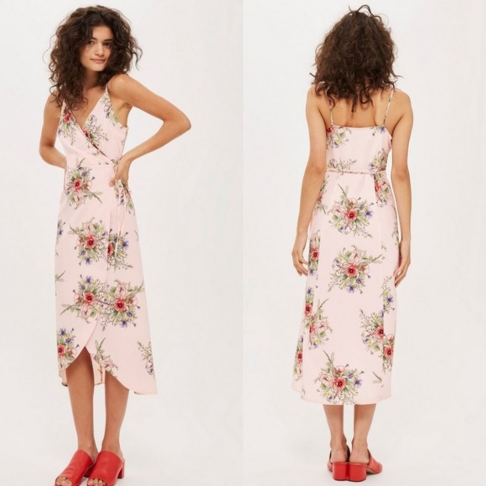 🌸 NWOT Topshop Strappy Floral Wrap Midi Dress in Pink 🌺